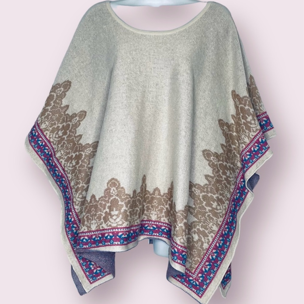 Flawed Boho Poncho Size Medium Beige Tan Pink Blue Arm Holes to put arms through